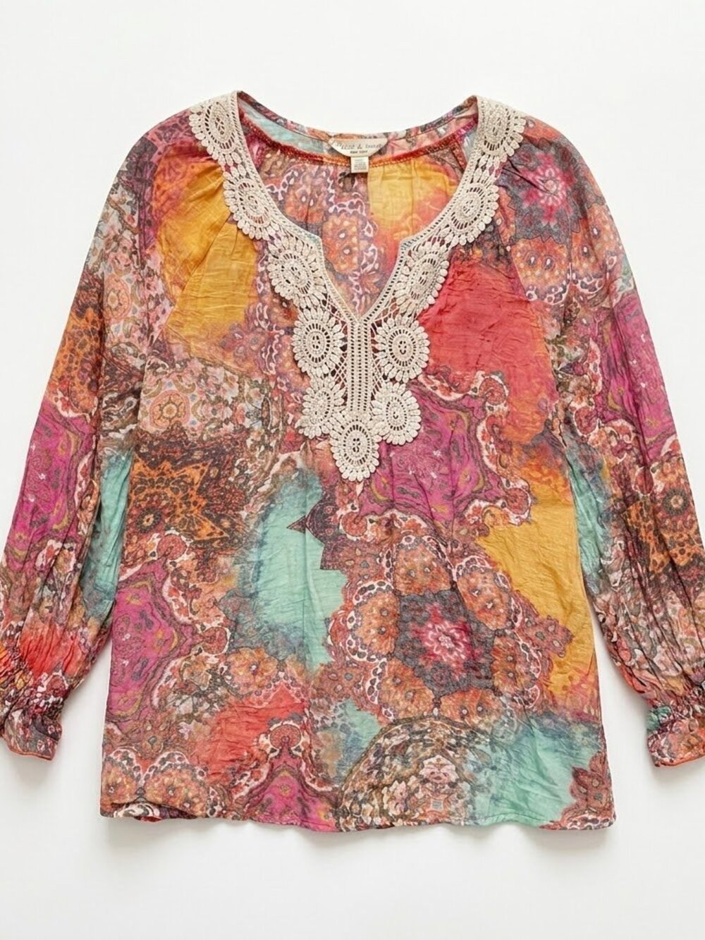 Vintage-Inspired Flint & Moss Peasant Top with Crochet Detailing Large